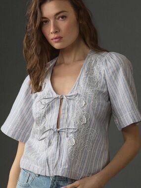 Pilcro Blue and White Striped Top with Red Pinstripes